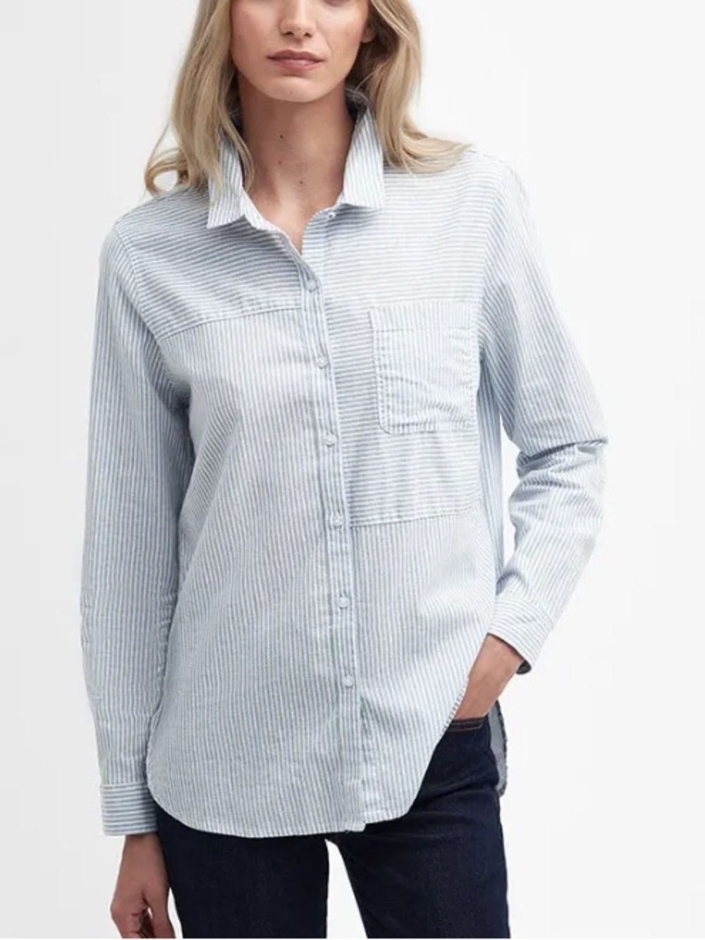 Barbour Beachfront Linen-Blend Striped Button Down Shirt Women’s 8